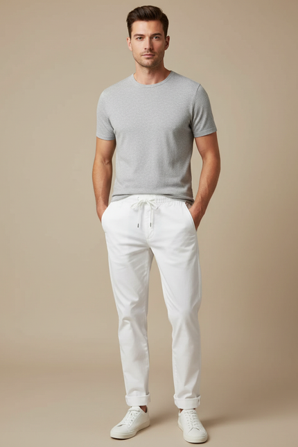 Pantalon Chino Blanc Coton Décontracté Cordon Homme