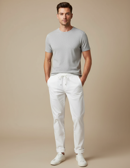 Pantalon Chino Blanc Coton Décontracté Cordon Homme