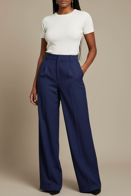 Pantalon Chino Bleu Marine Ample Taille Haute Élégant - Polyester