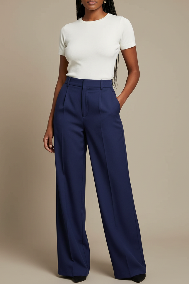 Pantalon Chino Bleu Marine Ample Taille Haute Élégant - Polyester