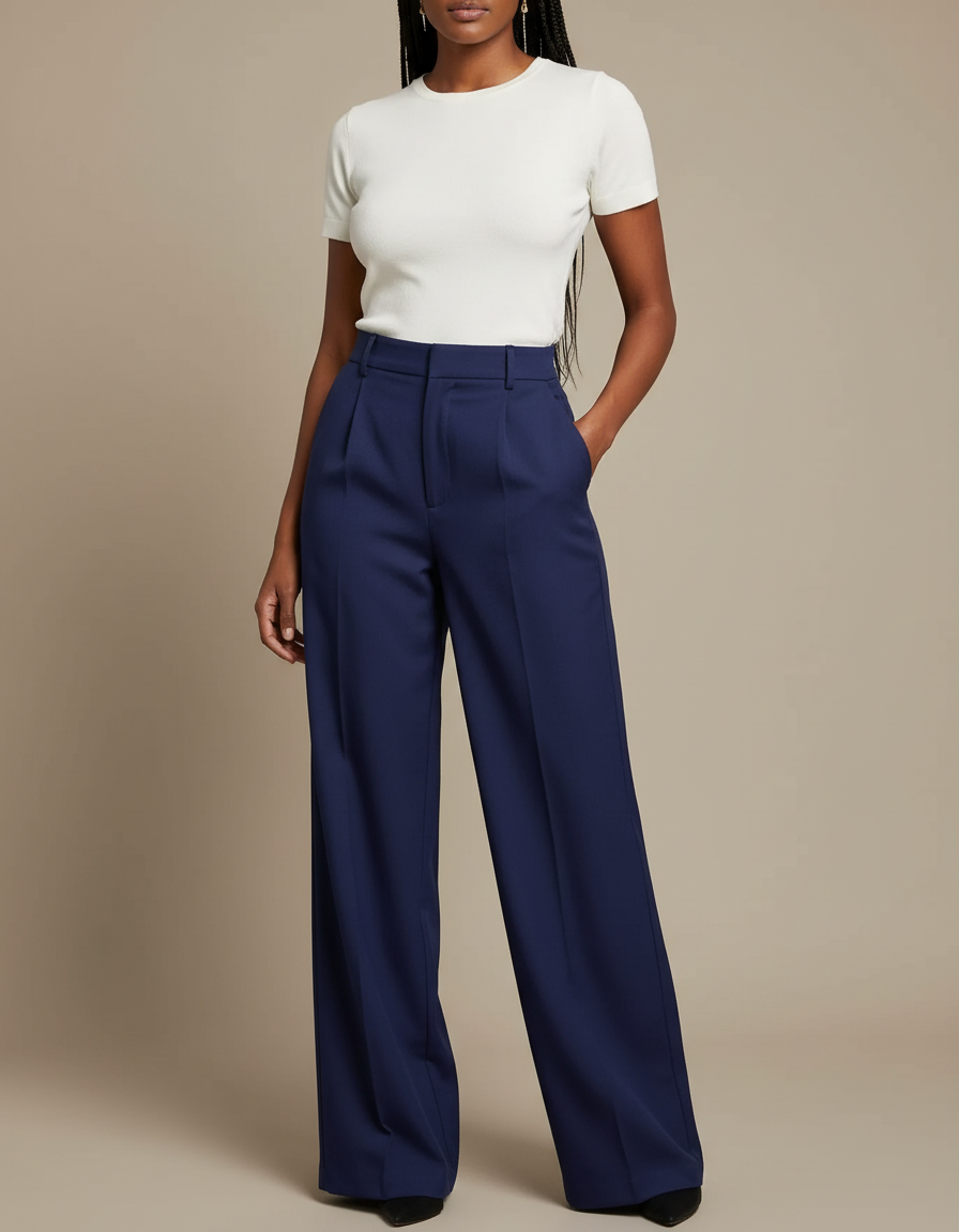 Pantalon Chino Bleu Marine Ample Taille Haute Élégant - Polyester