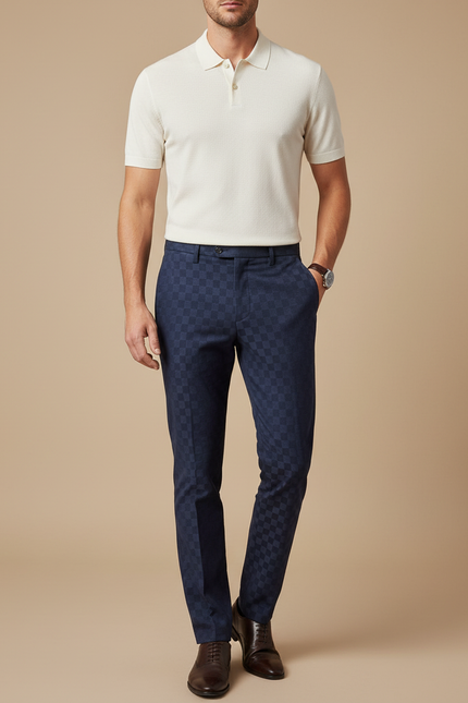 Pantalon Chino Bleu Marine Carreaux Discrets Slim Élégant - Gabardine