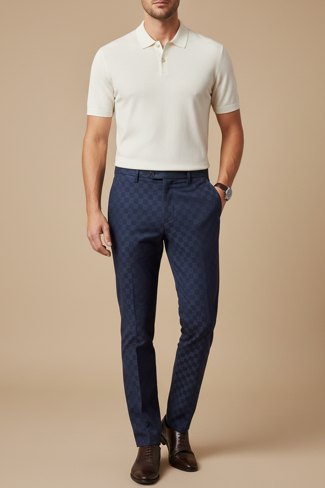 Pantalon Chino Bleu Marine Carreaux Discrets Slim Élégant - Gabardine