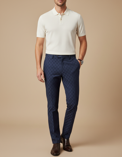Pantalon Chino Bleu Marine Carreaux Discrets Slim Élégant - Gabardine