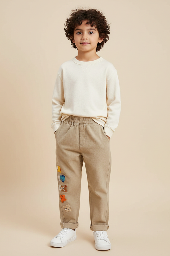 Pantalon Chino Beige Ample Broderies Animaux Garçon - Gabardine