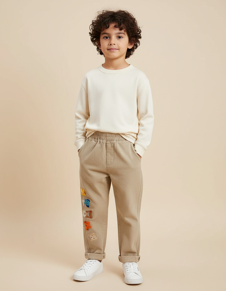Pantalon Chino Beige Ample Broderies Animaux Garçon - Gabardine