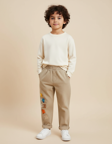 Pantalon Chino Beige Ample Broderies Animaux Garçon - Gabardine