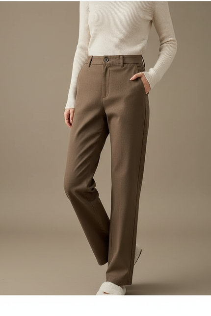 Pantalon Chino Marron Laine Droit Taille Haute Élégant