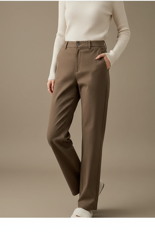 Pantalon Chino Marron Laine Droit Taille Haute Élégant