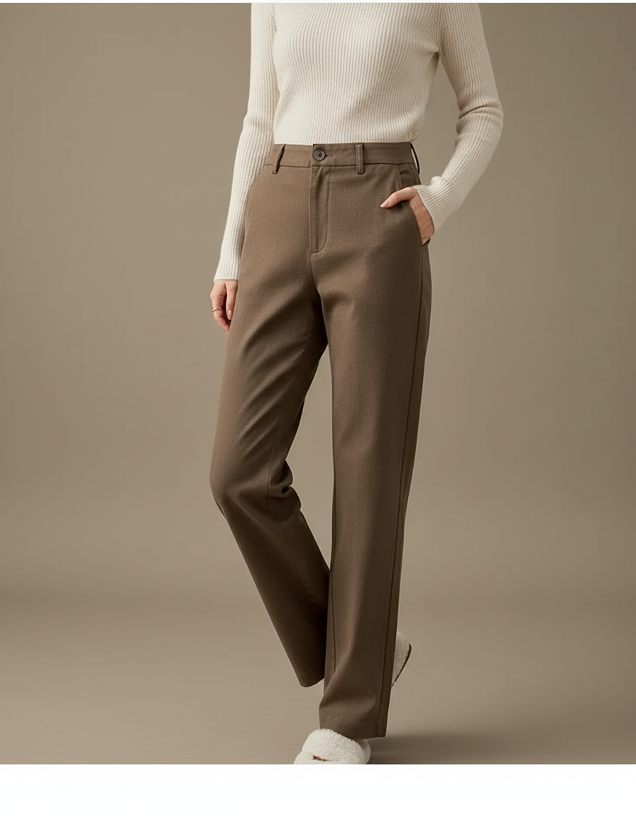 Pantalon Chino Marron Laine Droit Taille Haute Élégant