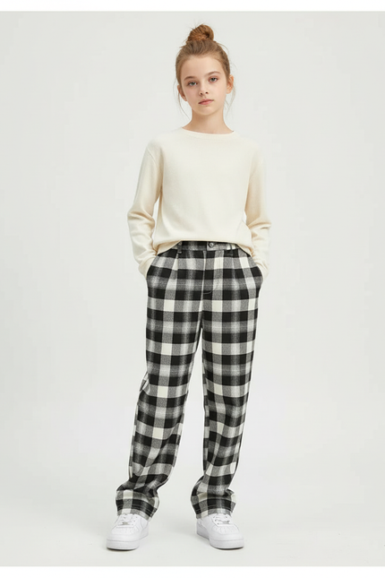 Pantalon Chino Carreaux Noir Blanc Ample Décontracté Fille - Imprimé Tweed