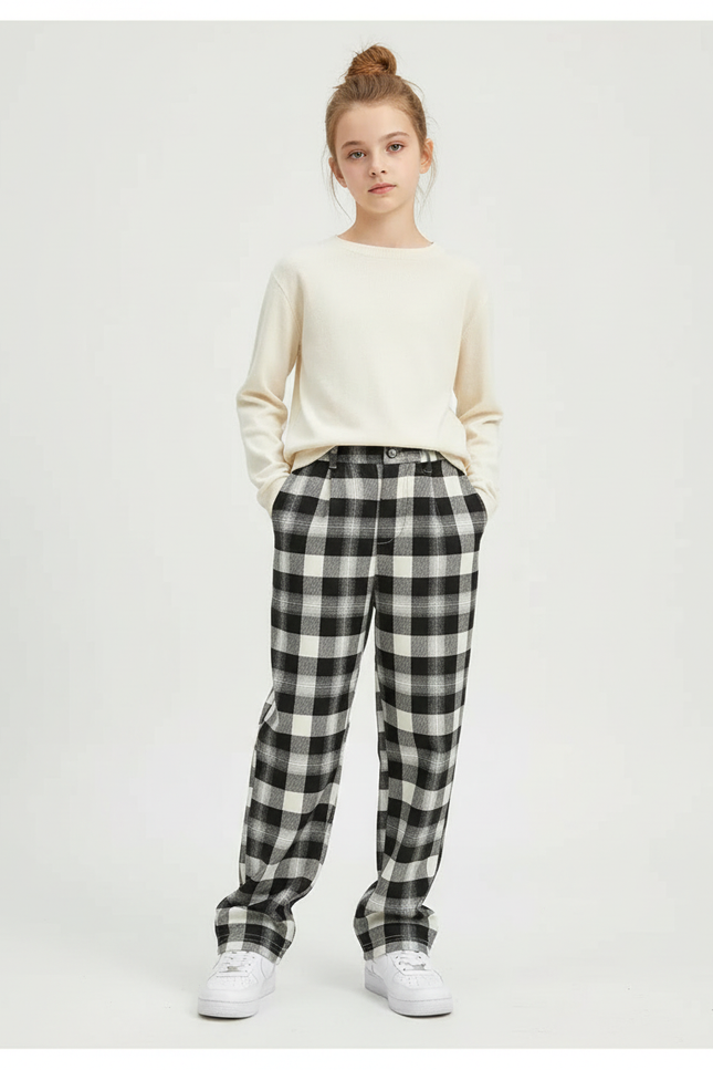 Pantalon Chino Carreaux Noir Blanc Ample Décontracté Fille - Imprimé Tweed