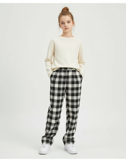 Pantalon Chino Carreaux Noir Blanc Ample Décontracté Fille - Imprimé Tweed