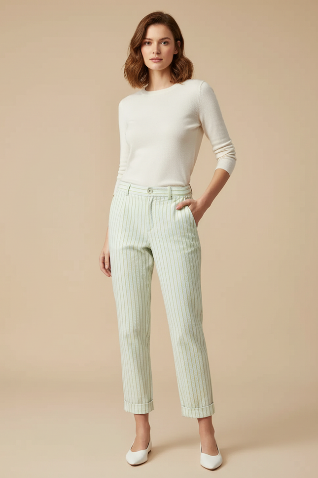 Pantalon Chino Rayé Vert Coton Droit Décontracté