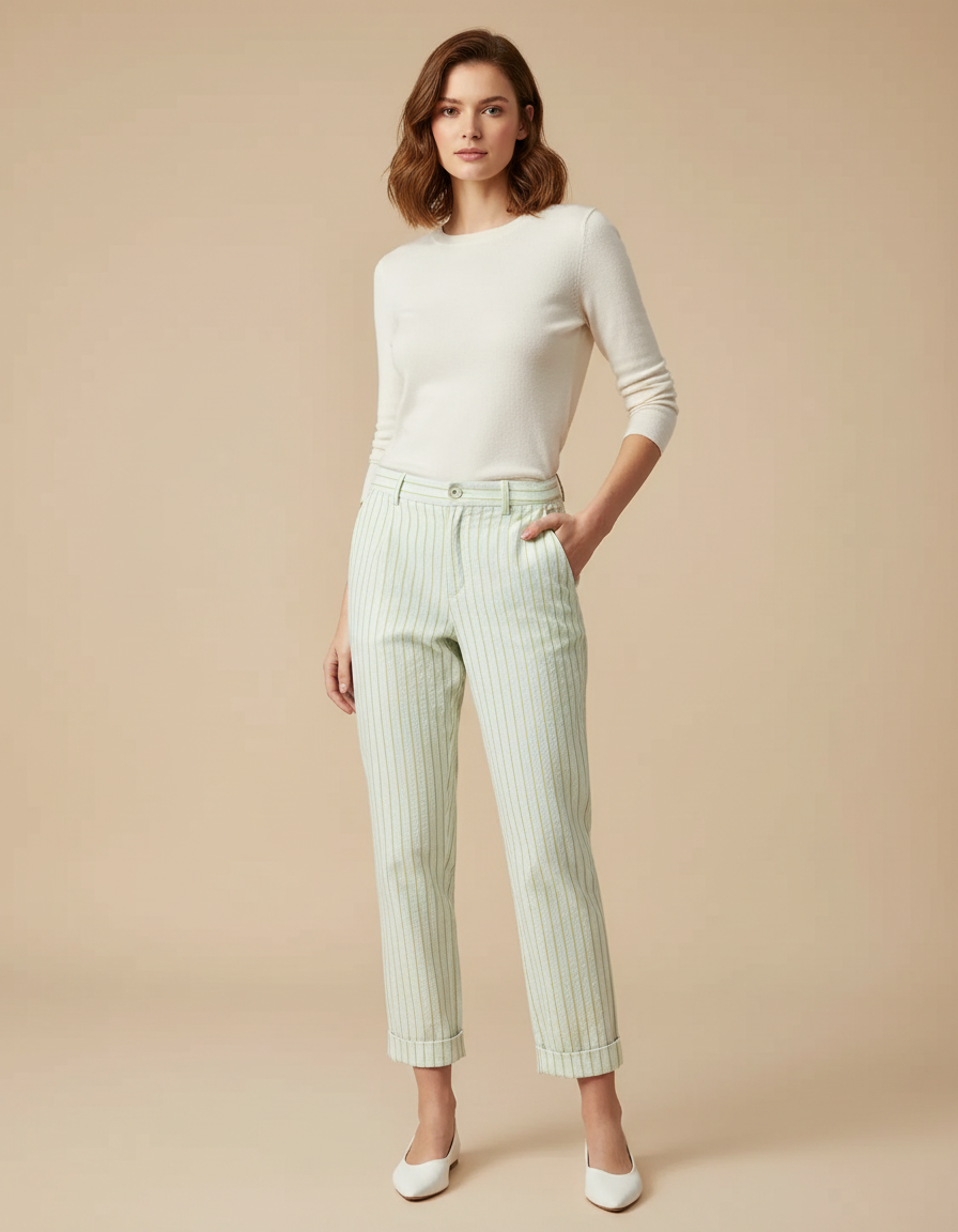 Pantalon Chino Rayé Vert Coton Droit Décontracté