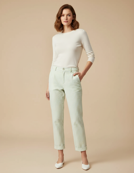 Pantalon Chino Rayé Vert Coton Droit Décontracté