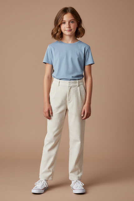 Pantalon Chino Côtelé Écru Taille Haute Enfant - Beige Cordé