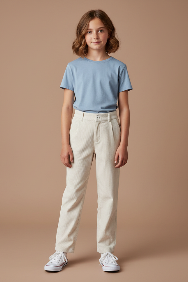 Pantalon Chino Côtelé Écru Taille Haute Enfant - Beige Cordé