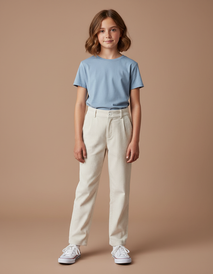 Pantalon Chino Côtelé Écru Taille Haute Enfant - Beige Cordé
