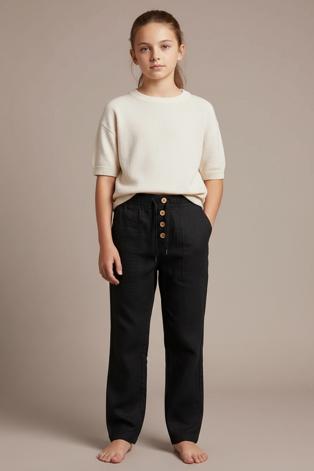 Pantalon Chino Noir Lin Ample Boutons Décontracté