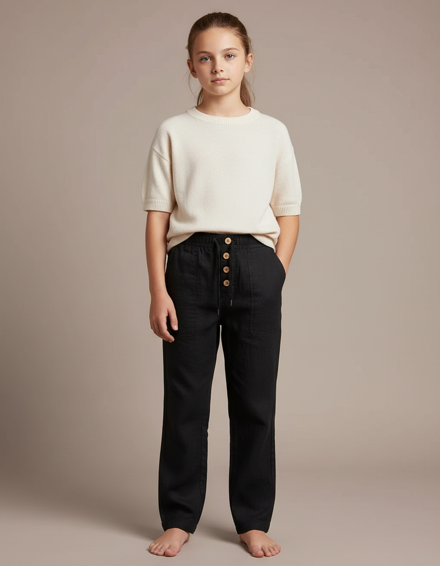 Pantalon Chino Noir Lin Ample Boutons Décontracté