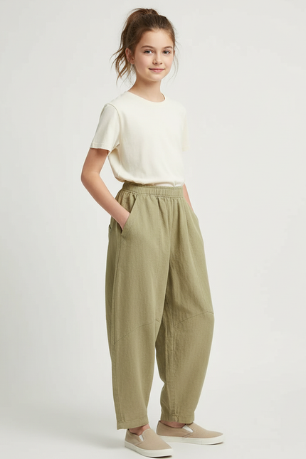 Pantalon Chino Vert Ample Coton Lin Enfant - Kaki
