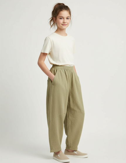 Pantalon Chino Vert Ample Coton Lin Enfant - Kaki