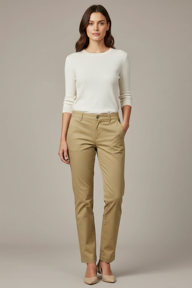 Pantalon Chino Femme Beige Coton Slim Élégant Décontracté
