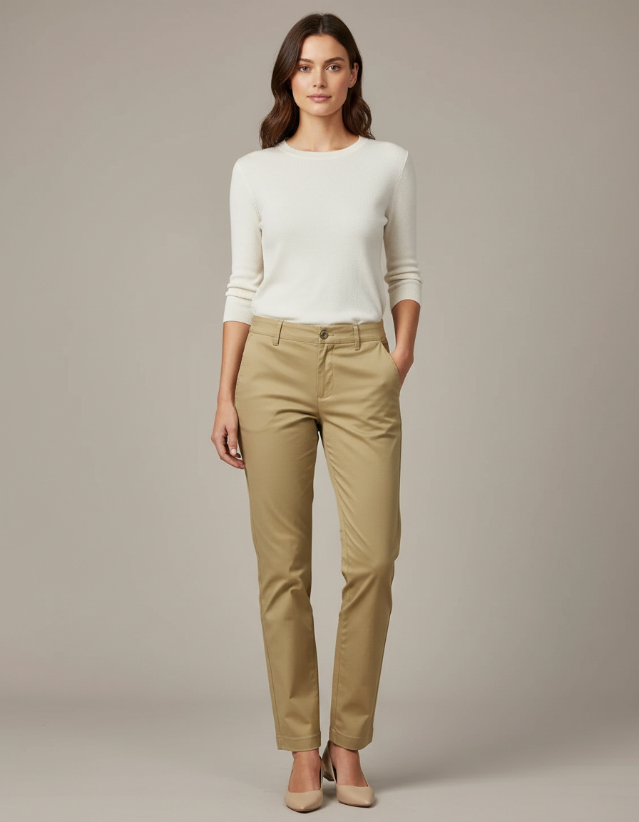 Pantalon Chino Femme Beige Coton Slim Élégant Décontracté