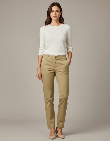 Pantalon Chino Femme Beige Coton Slim Élégant Décontracté
