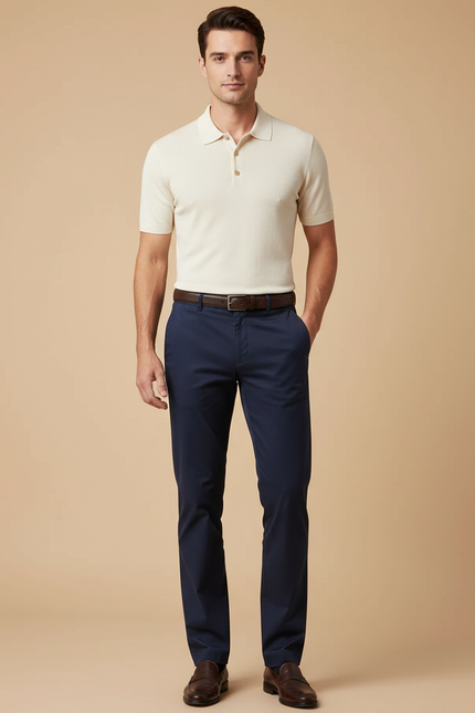 Pantalon Chino Bleu Marine Coton Droit Classique Homme
