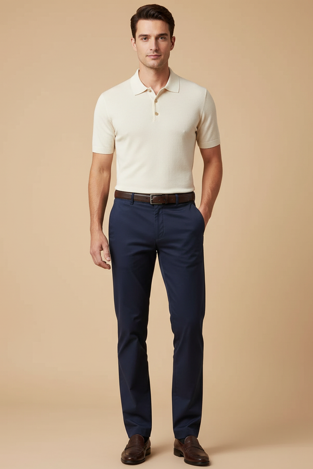 Pantalon Chino Bleu Marine Coton Droit Classique Homme