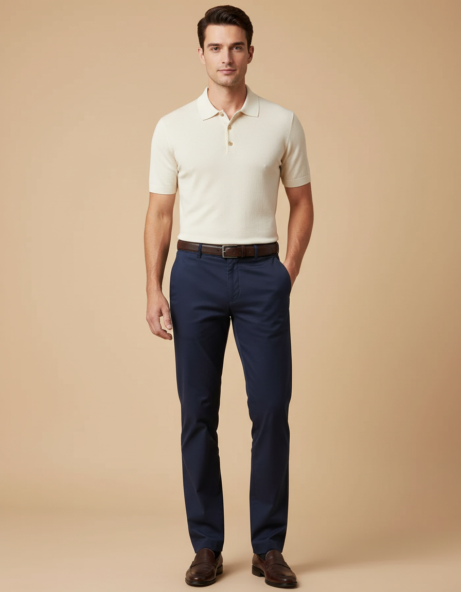 Pantalon Chino Bleu Marine Coton Droit Classique Homme
