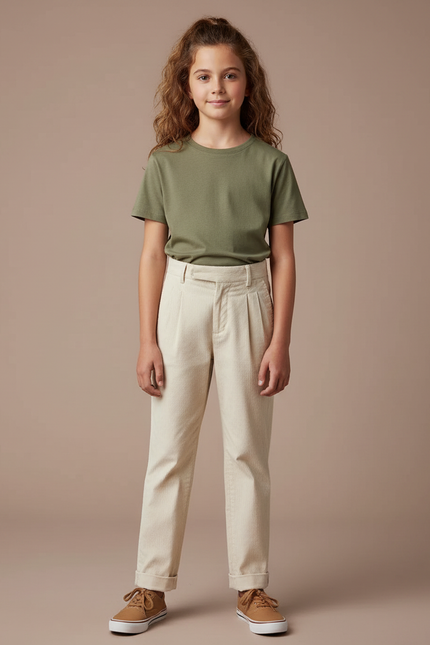 Pantalon Chino Crème Côtelé Plissé Ample Enfant - Beige Cordé
