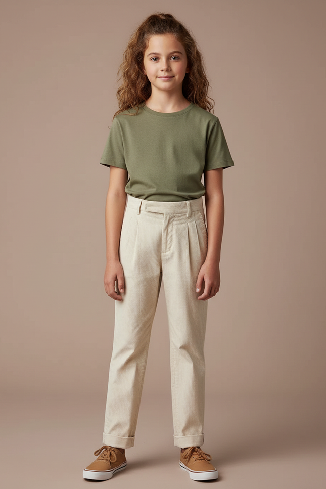 Pantalon Chino Crème Côtelé Plissé Ample Enfant - Beige Cordé