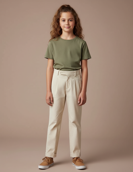 Pantalon Chino Crème Côtelé Plissé Ample Enfant - Beige Cordé