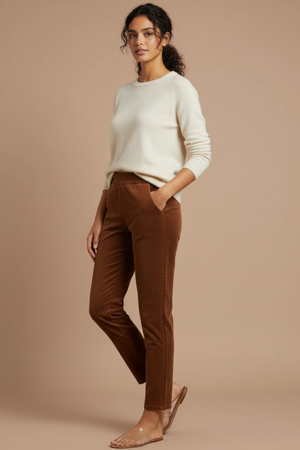 Pantalon Chino Marron Côtelé Slim Confortable Femme - Cordé