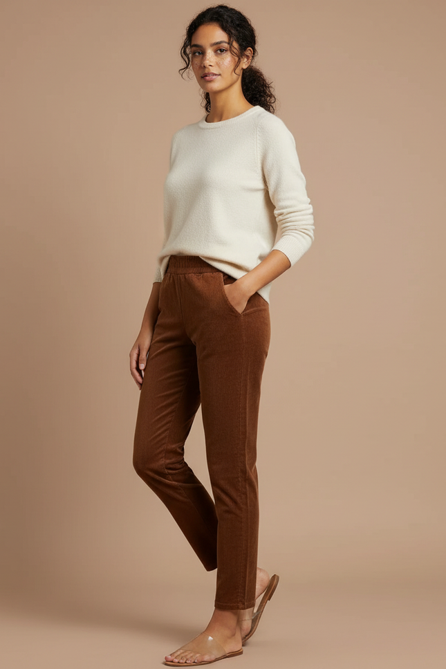Pantalon Chino Marron Côtelé Slim Confortable Femme - Cordé