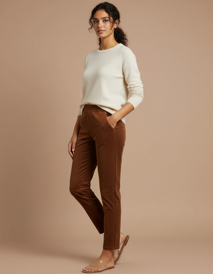 Pantalon Chino Marron Côtelé Slim Confortable Femme - Cordé