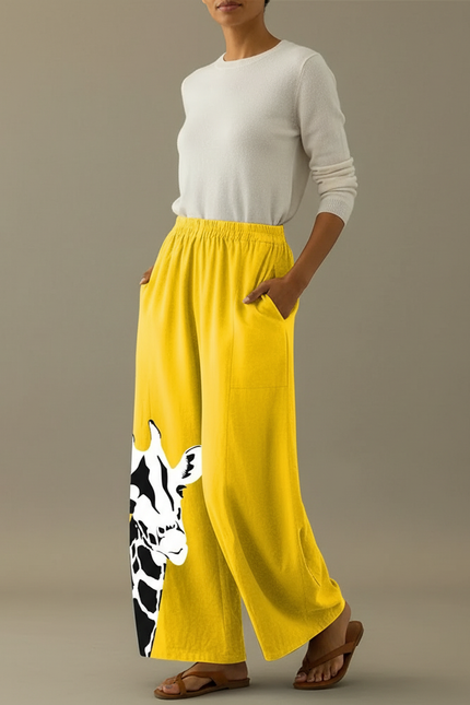 Pantalon Chino Jaune Ample Imprimé Girafe Décontracté - Lin