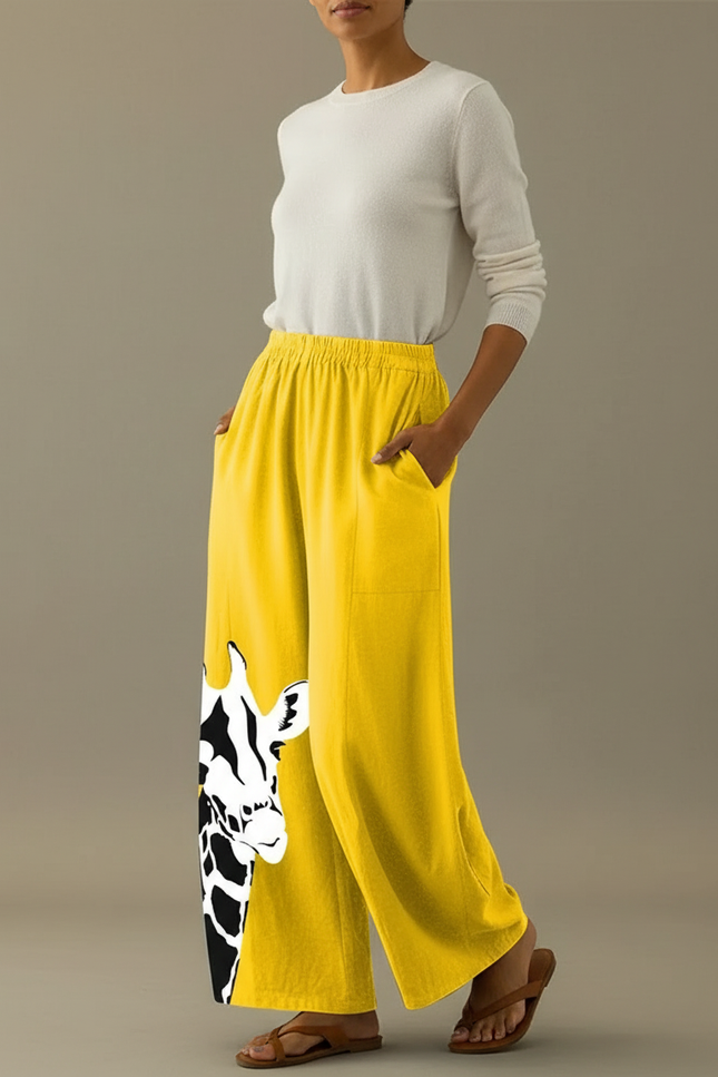 Pantalon Chino Jaune Ample Imprimé Girafe Décontracté - Lin