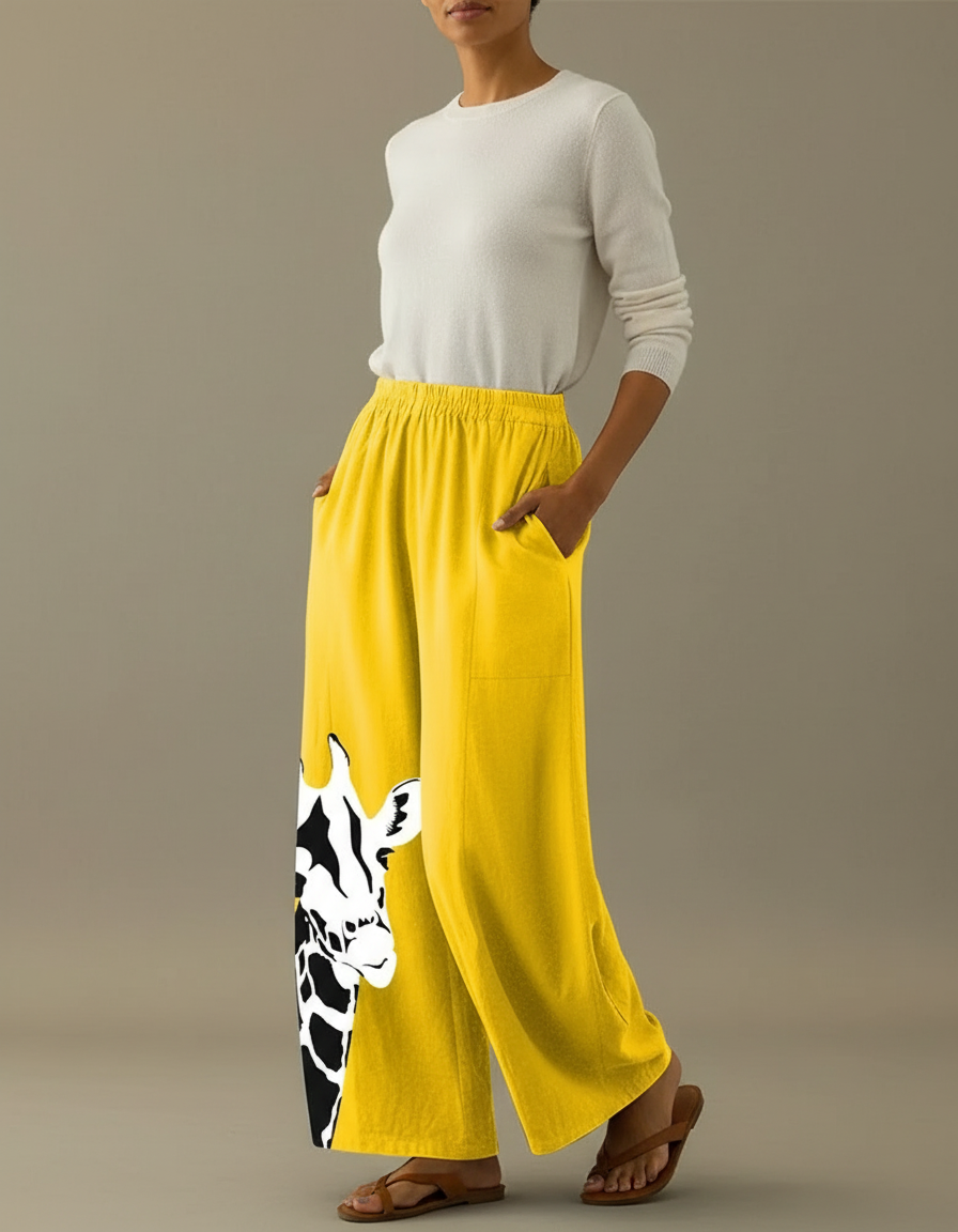 Pantalon Chino Jaune Ample Imprimé Girafe Décontracté - Lin