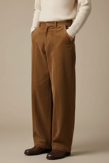 Pantalon Chino Marron Côtelé Ample Décontracté Homme - Cordé