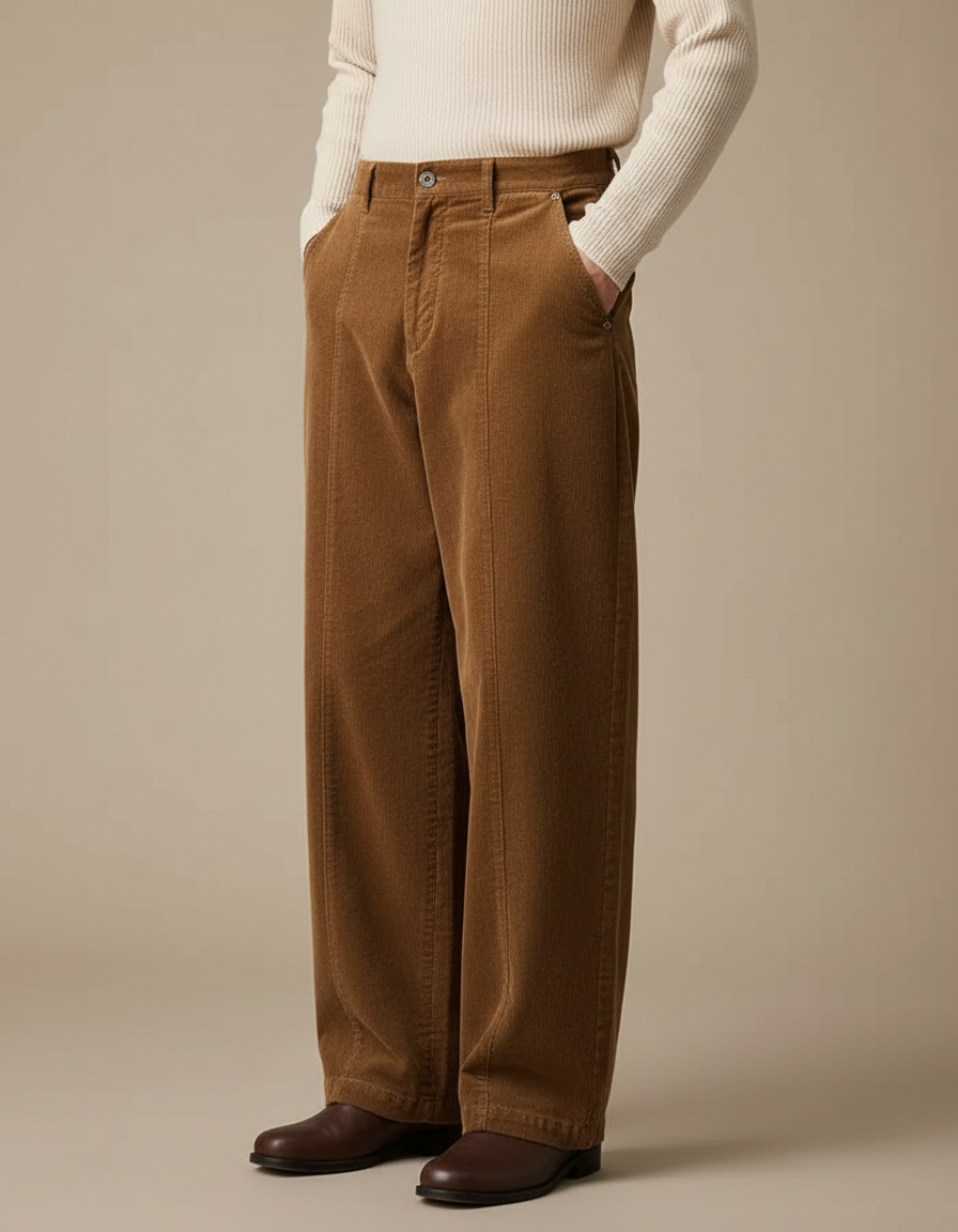 Pantalon Chino Marron Côtelé Ample Décontracté Homme - Cordé