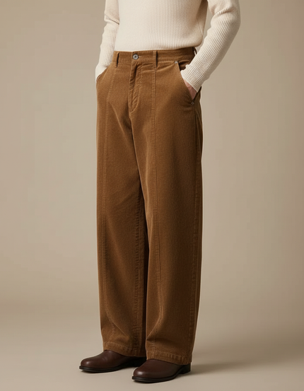 Pantalon Chino Marron Côtelé Ample Décontracté Homme - Cordé