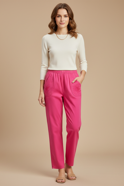 Pantalon Chino Rose Brodé Coton Ample Décontracté Femme