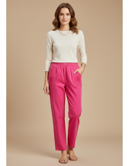 Pantalon Chino Rose Brodé Coton Ample Décontracté Femme
