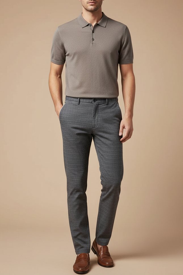 Pantalon Chino Homme Gris Droit Carreaux Élégant - Laine