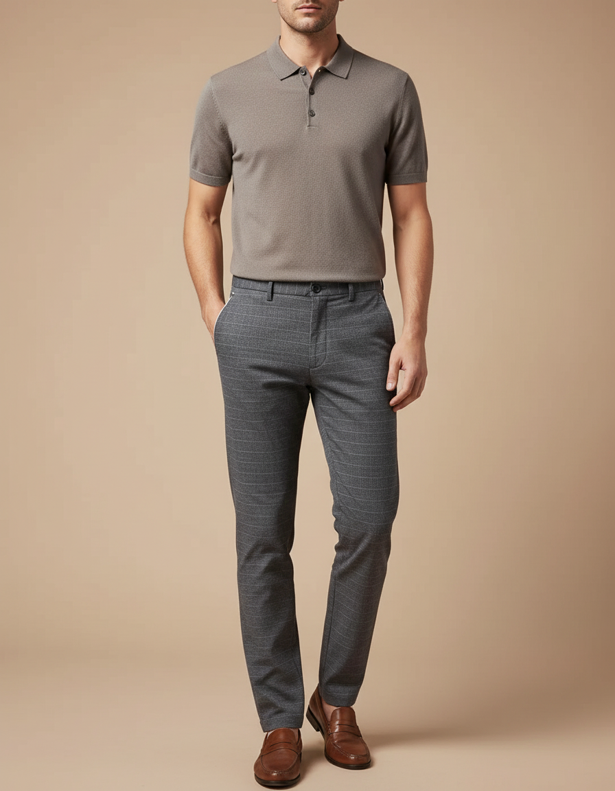 Pantalon Chino Homme Gris Droit Carreaux Élégant - Laine