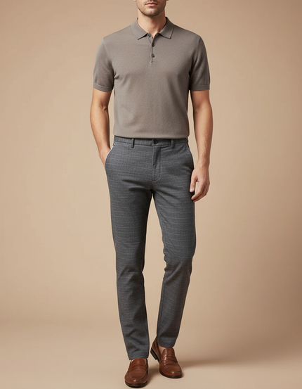 Pantalon Chino Homme Gris Droit Carreaux Élégant - Laine